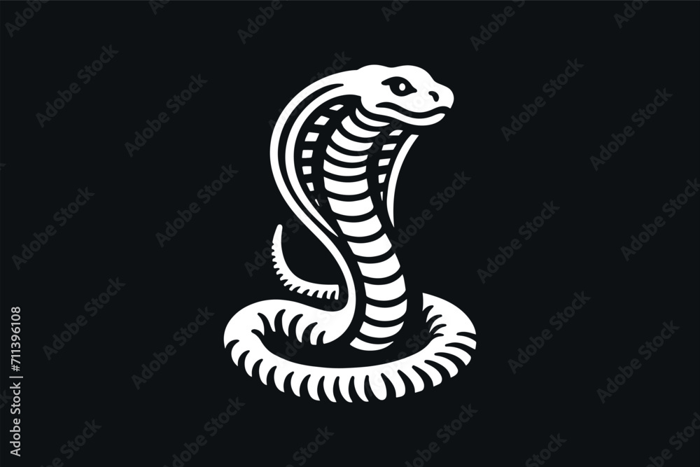 Fototapeta premium Snake Cobra. Beautiful engraving illustration, icon, logo. simple design, isolated object. White on black