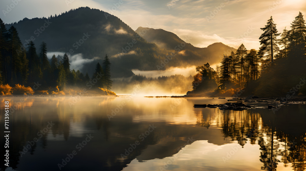 A peaceful landscape of quiet forests, lakes, and fog combined with the morning sunlight,sunrise over the river