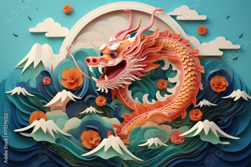 Detailed paper-cut masterpiece chinese zodiac dragon with clouds and sea in the background, layered paper craft chinese dragon for chinese new year celebration © artestdrawing