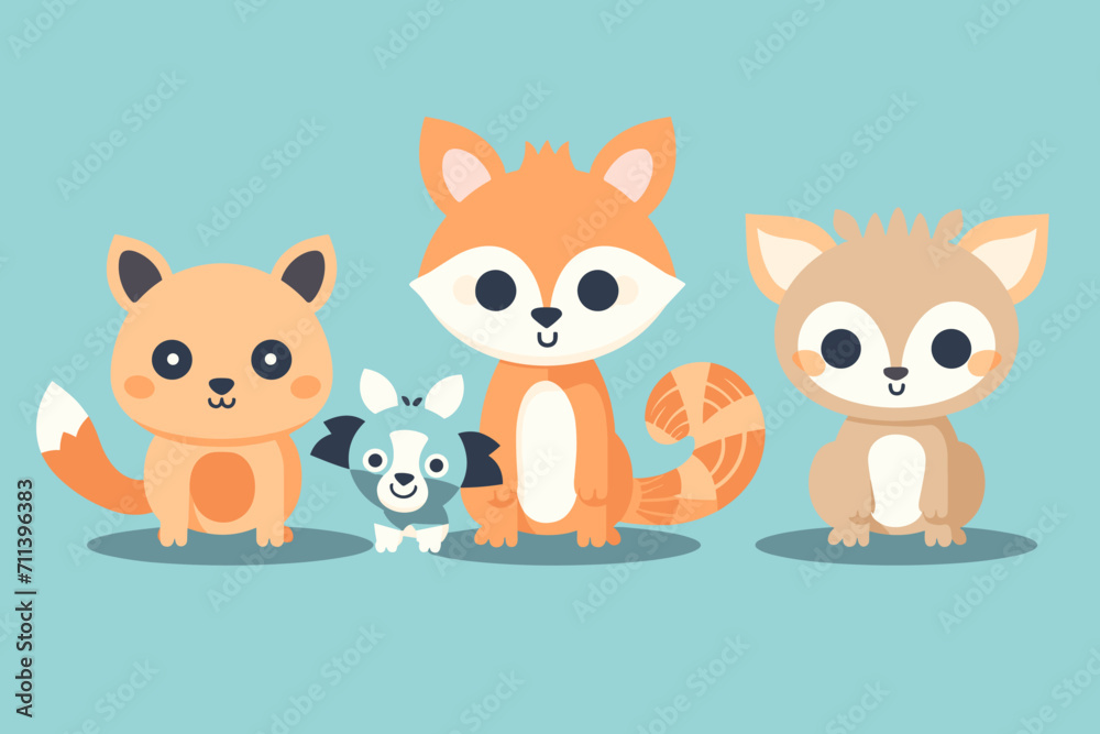 Obraz premium A set of cute cartoon animals. Vector flat images of animals for postcards, invitations, textiles, thermal printing, various types of printing.