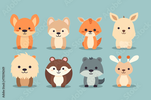 Fototapeta Naklejka Na Ścianę i Meble -  A set of cute cartoon animals. Vector flat images of animals for postcards, invitations, textiles, thermal printing, various types of printing.