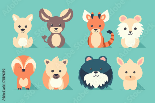 Fototapeta Naklejka Na Ścianę i Meble -  A set of cute cartoon animals. Vector flat images of animals for postcards, invitations, textiles, thermal printing, various types of printing.