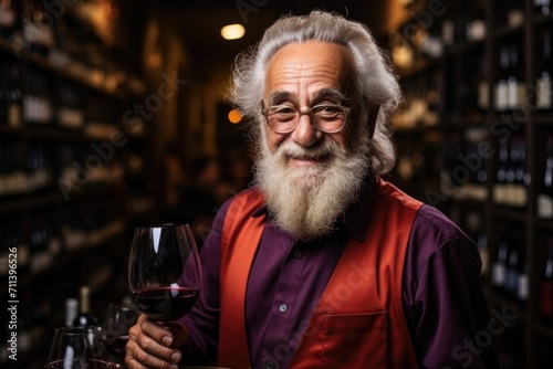 A confident, elderly, positive, smiling man with a beard tasting red wine in his wine cellar