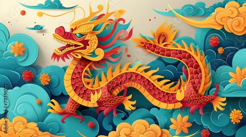Colorful paper cut craft chinese zodiac dragon with clouds and sea in the background, layered paper craft chinese dragon for chinese new year celebration