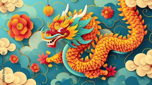 Intricate paper cut craft chinese zodiac dragon with clouds and sea in the background, layered paper craft chinese dragon for chinese new year celebration