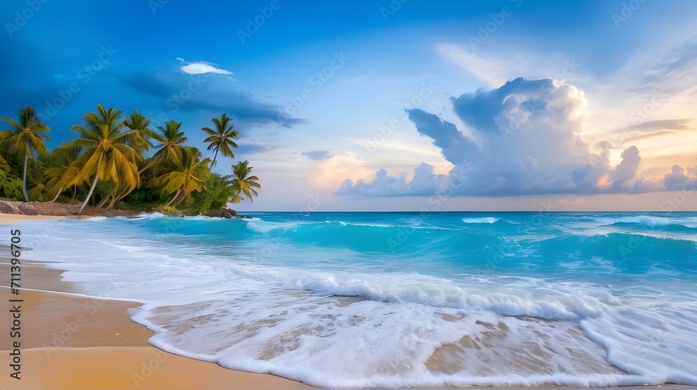 beach panorama view with foam waves before storm, seascape with Palm trees, sea or ocean water under sunset sky with dark blue clouds