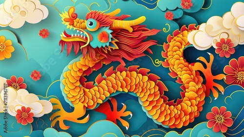 Colorful paper-cut masterpiece chinese zodiac dragon with clouds and sea in the background, layered paper craft chinese dragon for chinese new year celebration