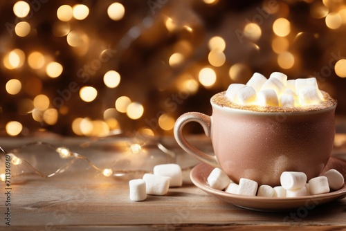 A steaming cup of hot chocolate with marshmallows on top.