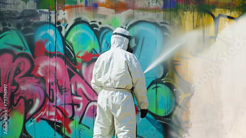 une personne de dos, en combinaison de protection, nettoie un mur de graffitis au jet haute pression
