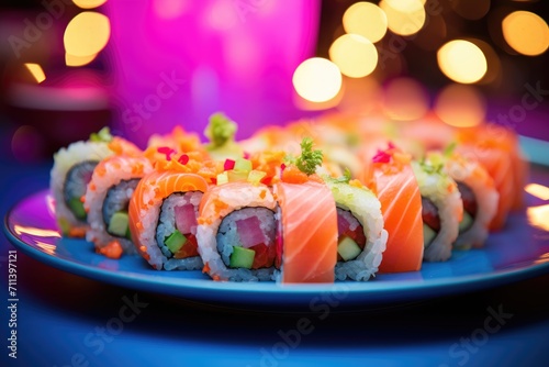 Sushi rolls arranged artfully on a plate.
