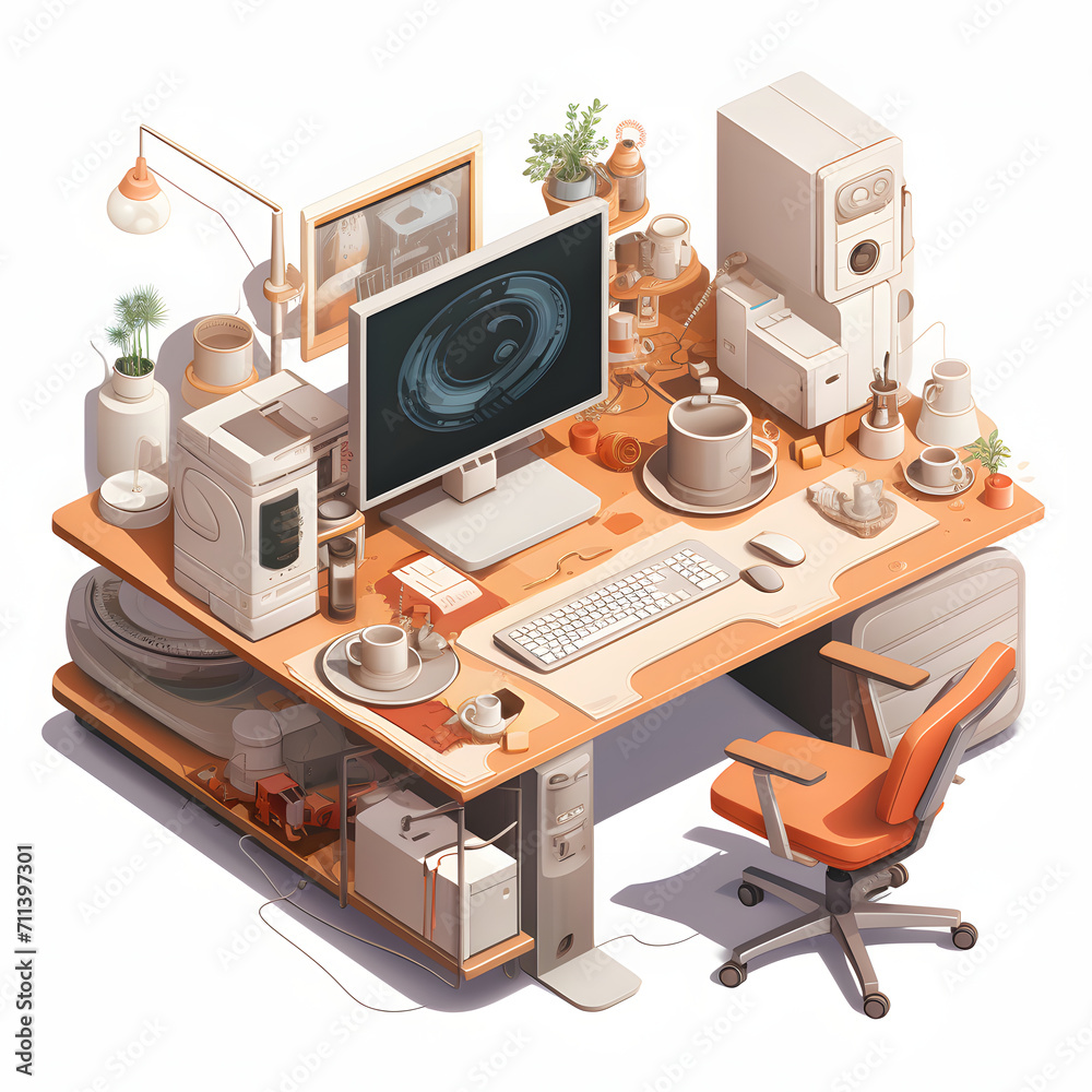 Fototapeta premium isometric work space which has a computer, table and chairs for working, very suitable for office theme design, isolated on white.