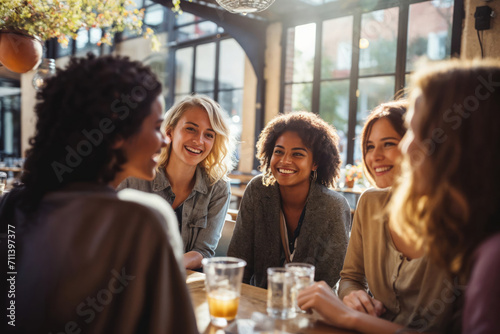 A group of female friends hanging out in a cafe, or a restaurant, talking and laughing, enjoying their time together.