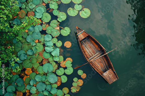 Wooden boat on the river with water lilies, top view