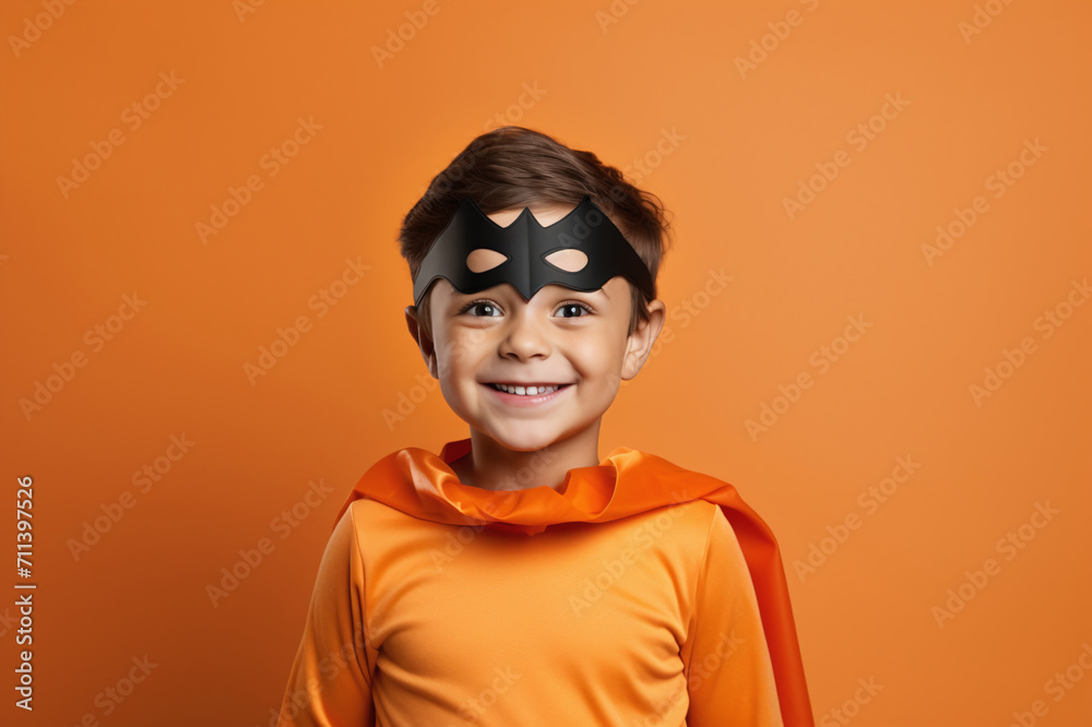Boy in a superhero costume and mask on an orange background Boy in a superhero costume and mask on an orange background