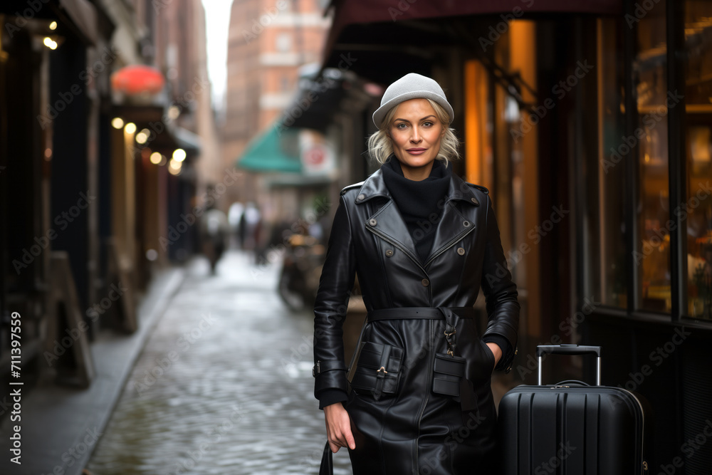 Naklejka premium A mature woman in a leather coat and a suitcase walks along a city street