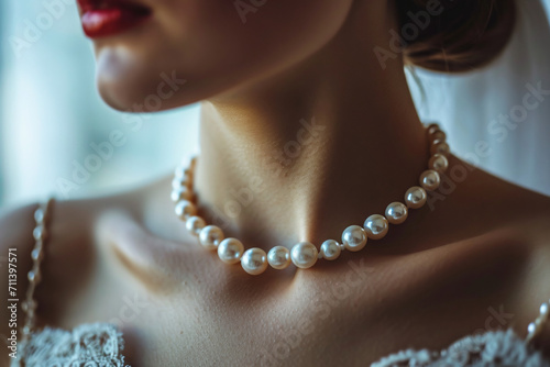 Pearl beads on the fragile neck of the bride, festive decorations.
