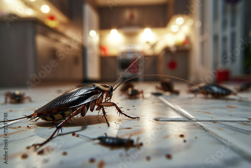 Cockroaches running across the dirty floor in the kitchen © Olga