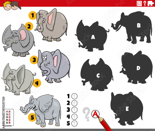 finding shadows game with cartoon elephants animals