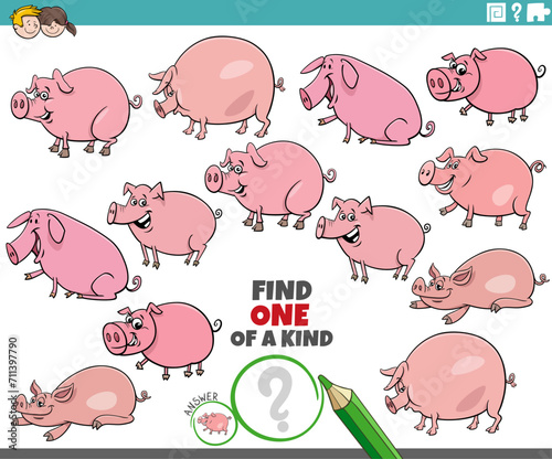one of a kind activity with cartoon pigs farm animals