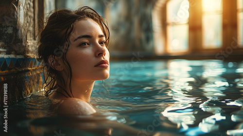 young woman in the pool relaxing