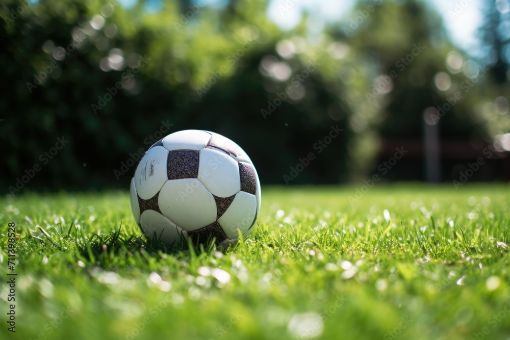 A soccer ball is placed on the green lawn in anticipation of the teams practicing