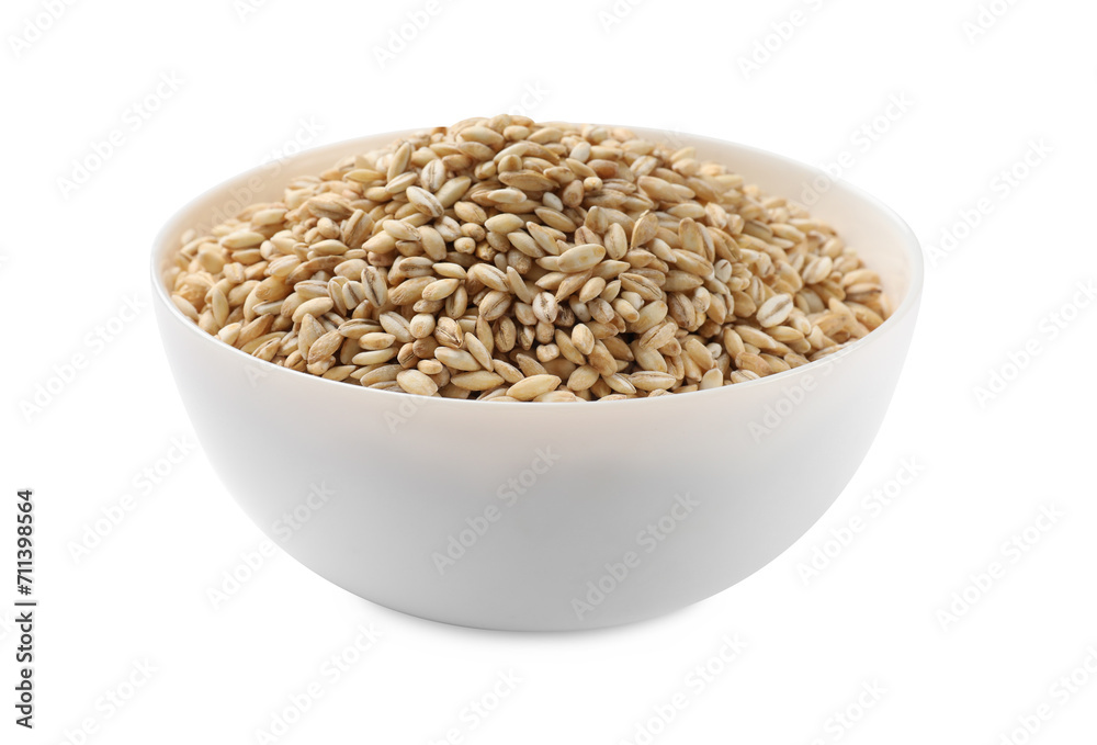 Dry pearl barley in bowl isolated on white Dry pearl barley in bowl isolated on white