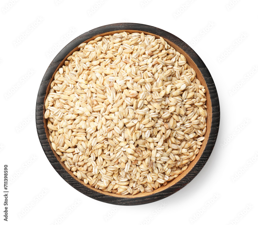 Dry pearl barley in bowl isolated on white, top view Dry pearl barley in bowl isolated on white, top view