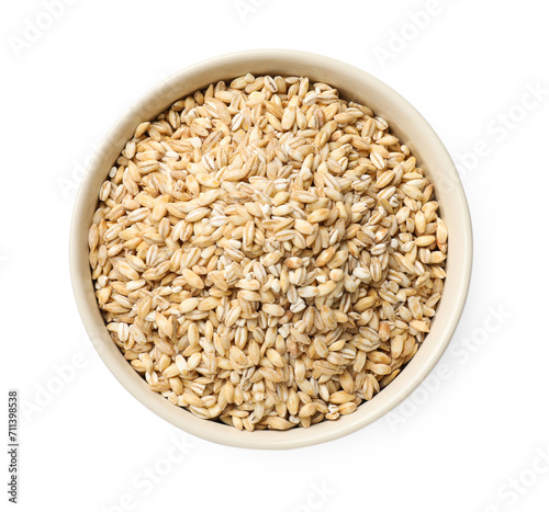 Dry pearl barley in bowl isolated on white, top view