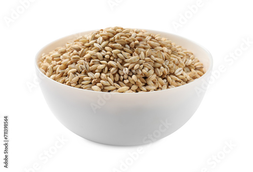 Dry pearl barley in bowl isolated on white