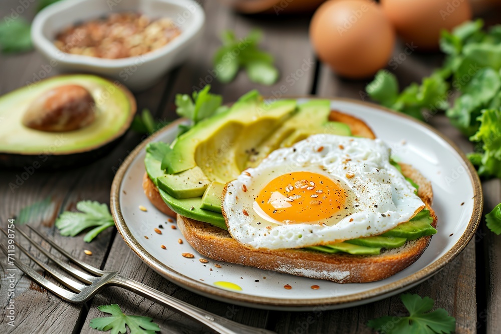 egg breakfast with toast and avocado served on a plate on a wooden table egg breakfast with toast and avocado served on a plate on a wooden table