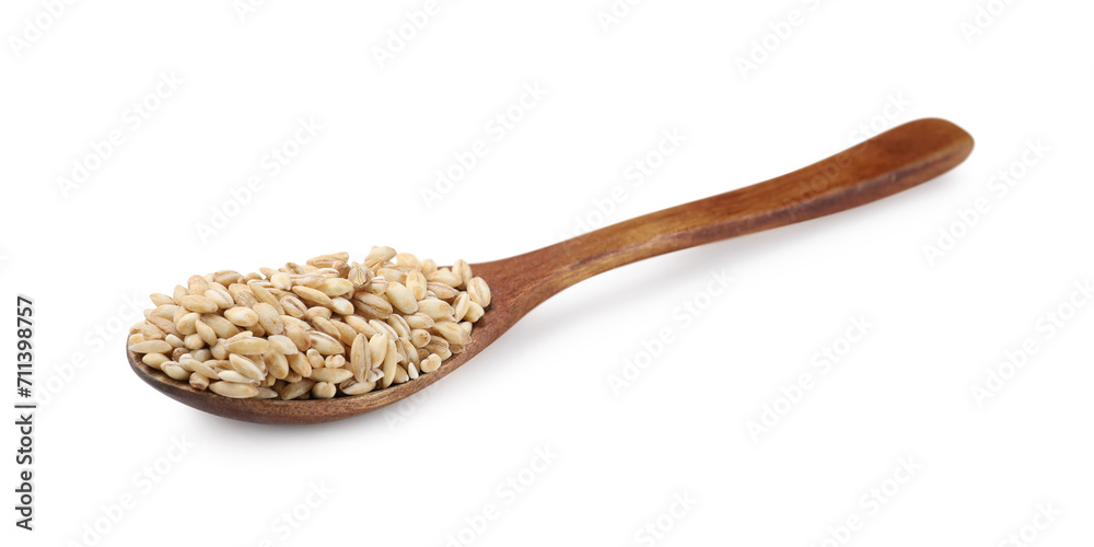 Wooden spoon with raw pearl barley isolated on white