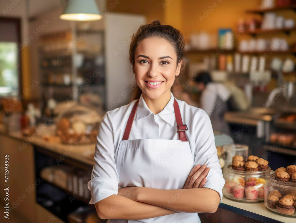 Portrait of woman business owner in bakery shop. Portrait of woman business owner in bakery shop.
