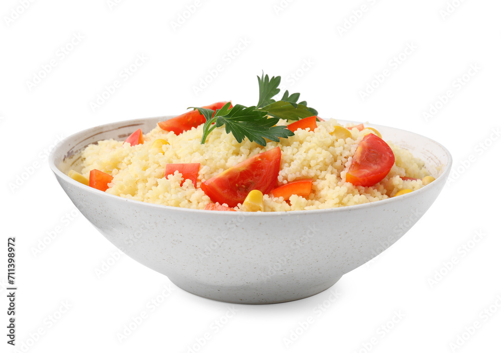 Tasty couscous with parsley, corn and tomatoes in bowl isolated on white Tasty couscous with parsley, corn and tomatoes in bowl isolated on white