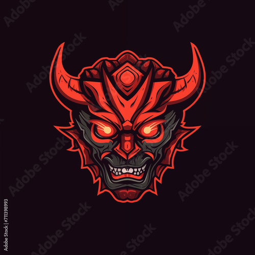 Crimson Oni Visage: Red and Black Demon Mask Logo Illustration