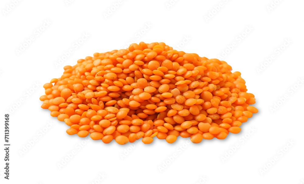 Pile of raw red lentils isolated on white