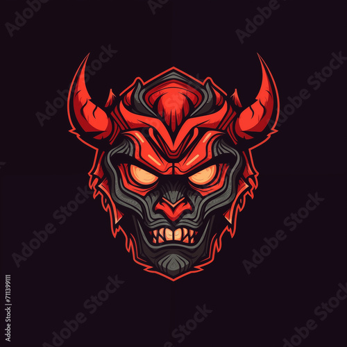 Crimson Oni Visage: Red and Black Demon Mask Logo Illustration