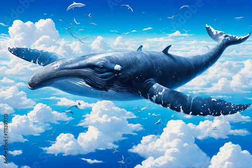 Whales, big wings soaring in the sky. Generative AI
