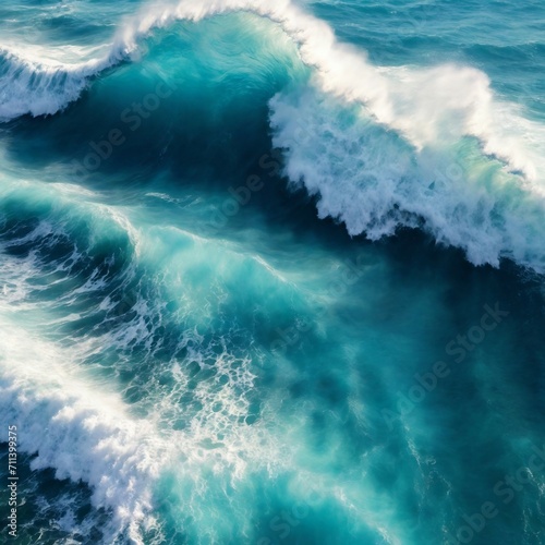 A breathtaking aerial top-view background photograph capturing the spectacle of ocean waves, their white crests splashing in the deep sea © noah