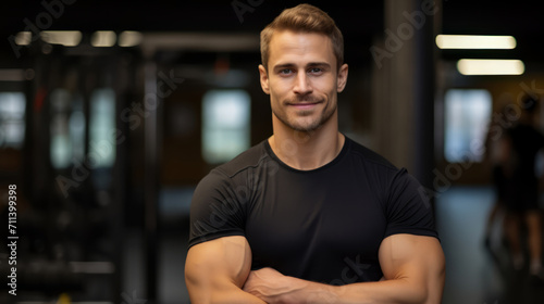 Portrait of a fitness instructor. Young man adult is in the gym
