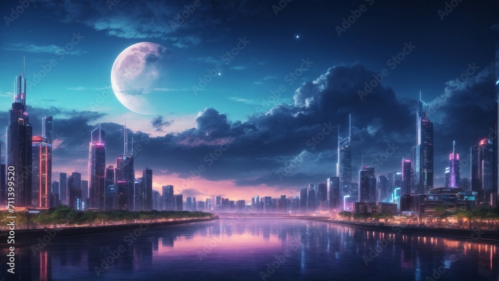 A wallpaper illustration featuring an anime-inspired neo-crisp night cityscape. Neon flat colors illuminate the scene, showcasing a nightsky adorned with a large, luminous moon, fluffy clouds