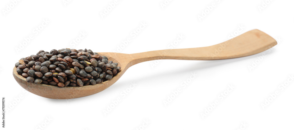 Wooden spoon with raw lentils isolated on white Wooden spoon with raw lentils isolated on white