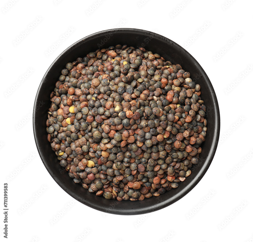 Raw lentils in bowl isolated on white, top view Raw lentils in bowl isolated on white, top view