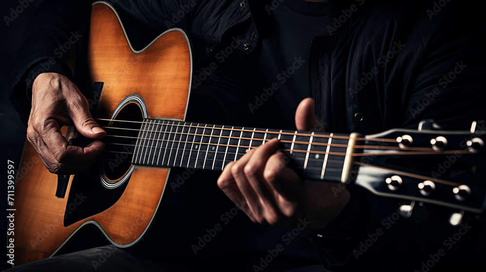 Man is playing acoustic guitar. In black clothes