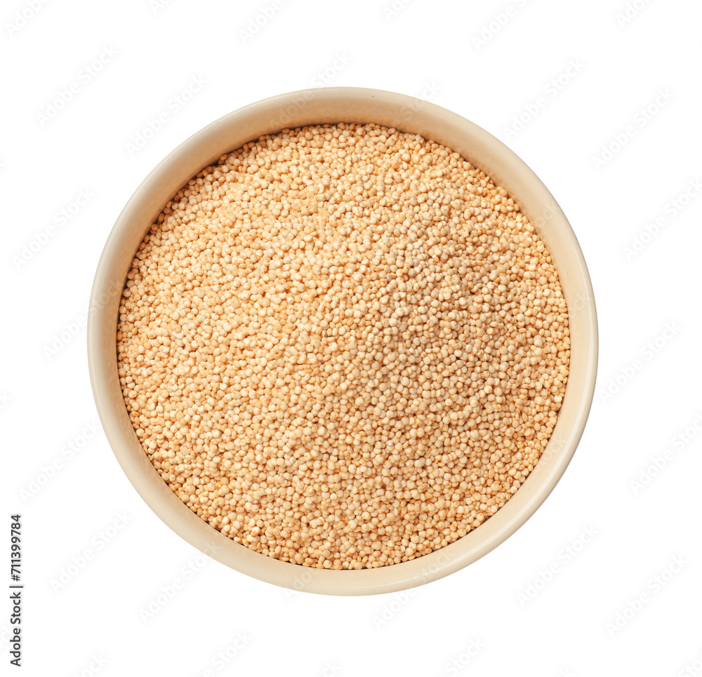 Raw quinoa in bowl isolated on white, top view Raw quinoa in bowl isolated on white, top view