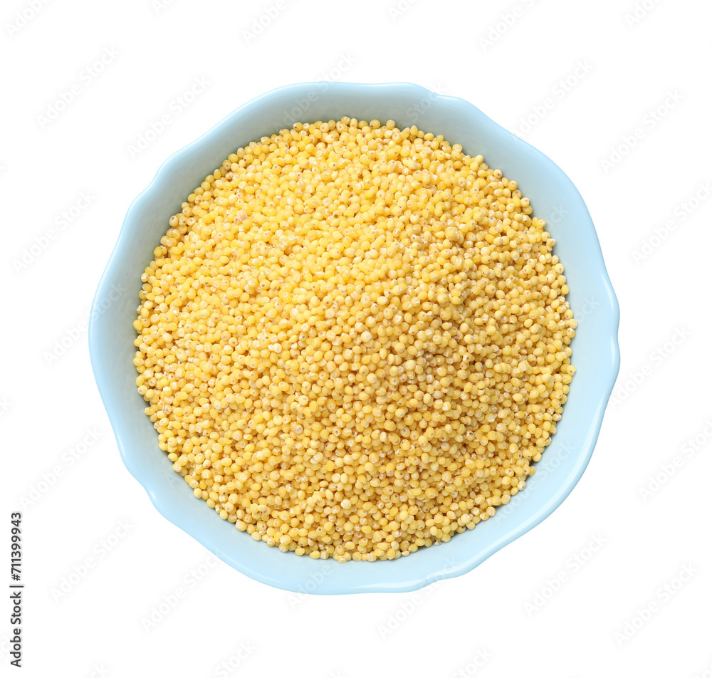 Dry millet seeds in bowl isolated on white, top view Dry millet seeds in bowl isolated on white, top view