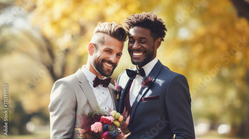 Portrait of happy gay couple during wedding