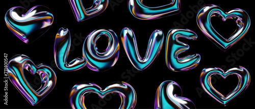 3D hearts set and LOVE text in balloon bubble font from liquid metal with a holographic glossy surface. Isolated vector illustration for retro-futuristic Y2K style design
