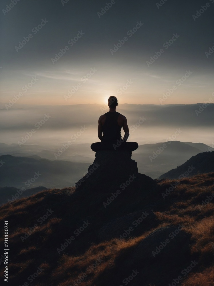 Man Sits on Mountain Summit, Sunset in Background. Generative AI. Man Sits on Mountain Summit, Sunset in Background. Generative AI.
