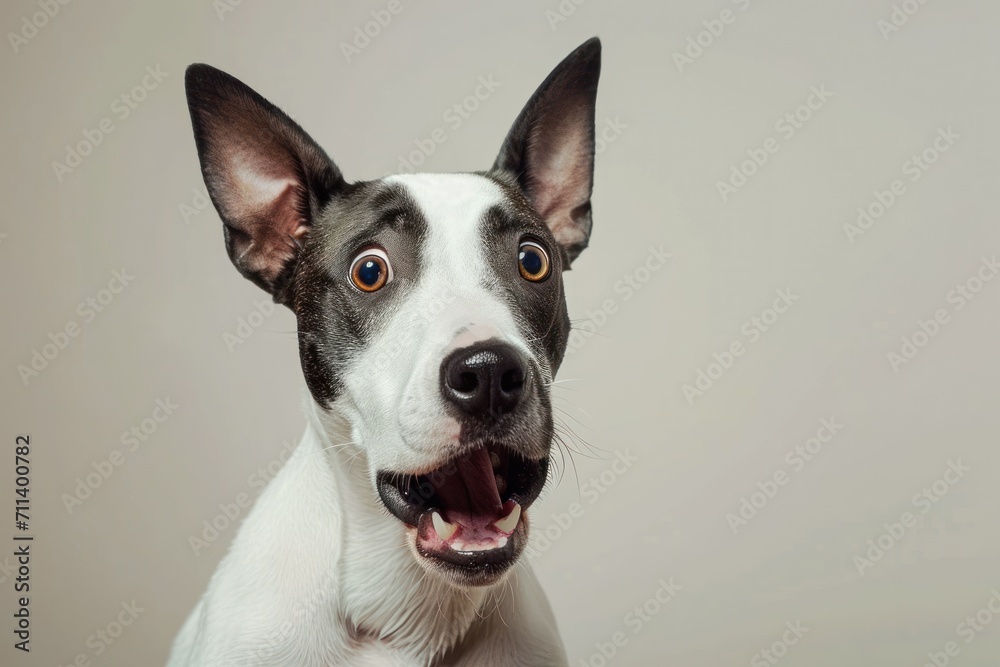 Funny and excited bull terrier mixed dog with shocked surprised expression