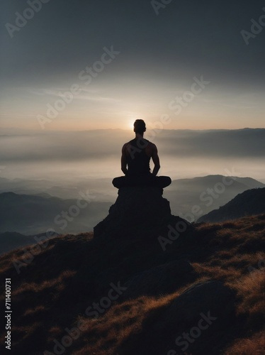 Man Sits on Mountain Summit, Sunset in Background. Generative AI.